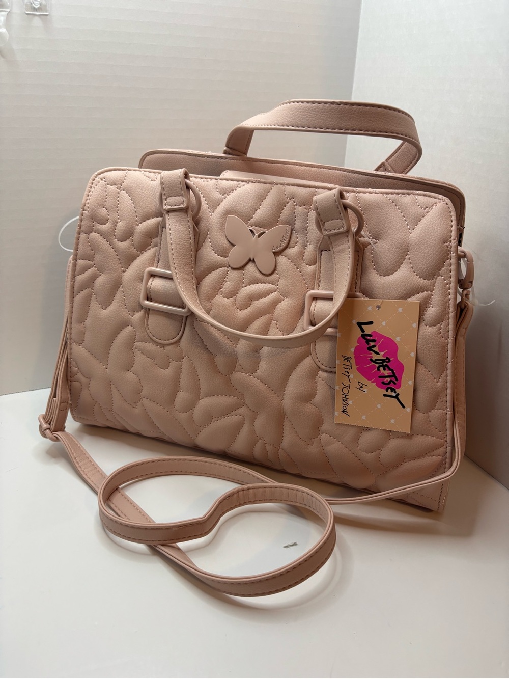 Luv Betsey Johnson quilted Butterfly Satchel purse Taupe pink LBNAOMI